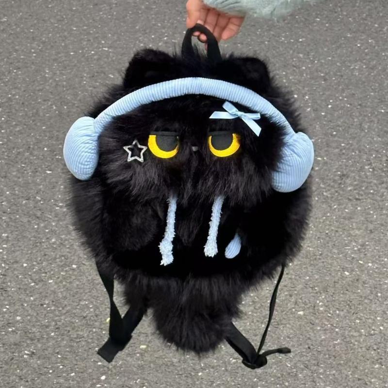 

Siamese Cat Plush Earphones Contrast Versatile Backpack Lightweight Cute Backpack Adjustable Shoulder Strap for Travel Soft Fluffy Student School Bag 34x24x11cm чёрный
