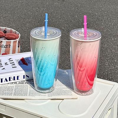 Summer Plastic Water Cup Female High Value Straw Cup, Portable Sports Large Capacity Gradual Change Color Cup