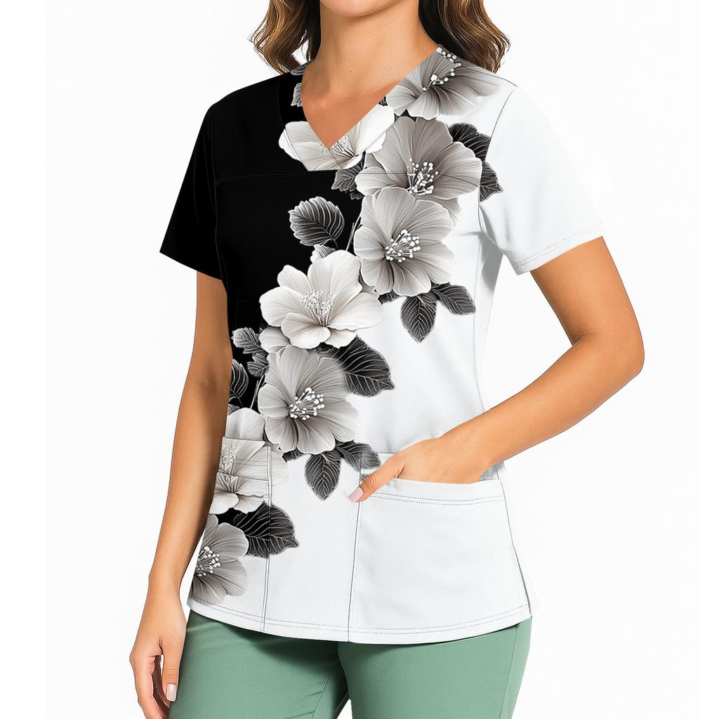 Women's Casual Printed V-Neck Pocket Side Slit Short Sleeved Top Short Sleeved Top