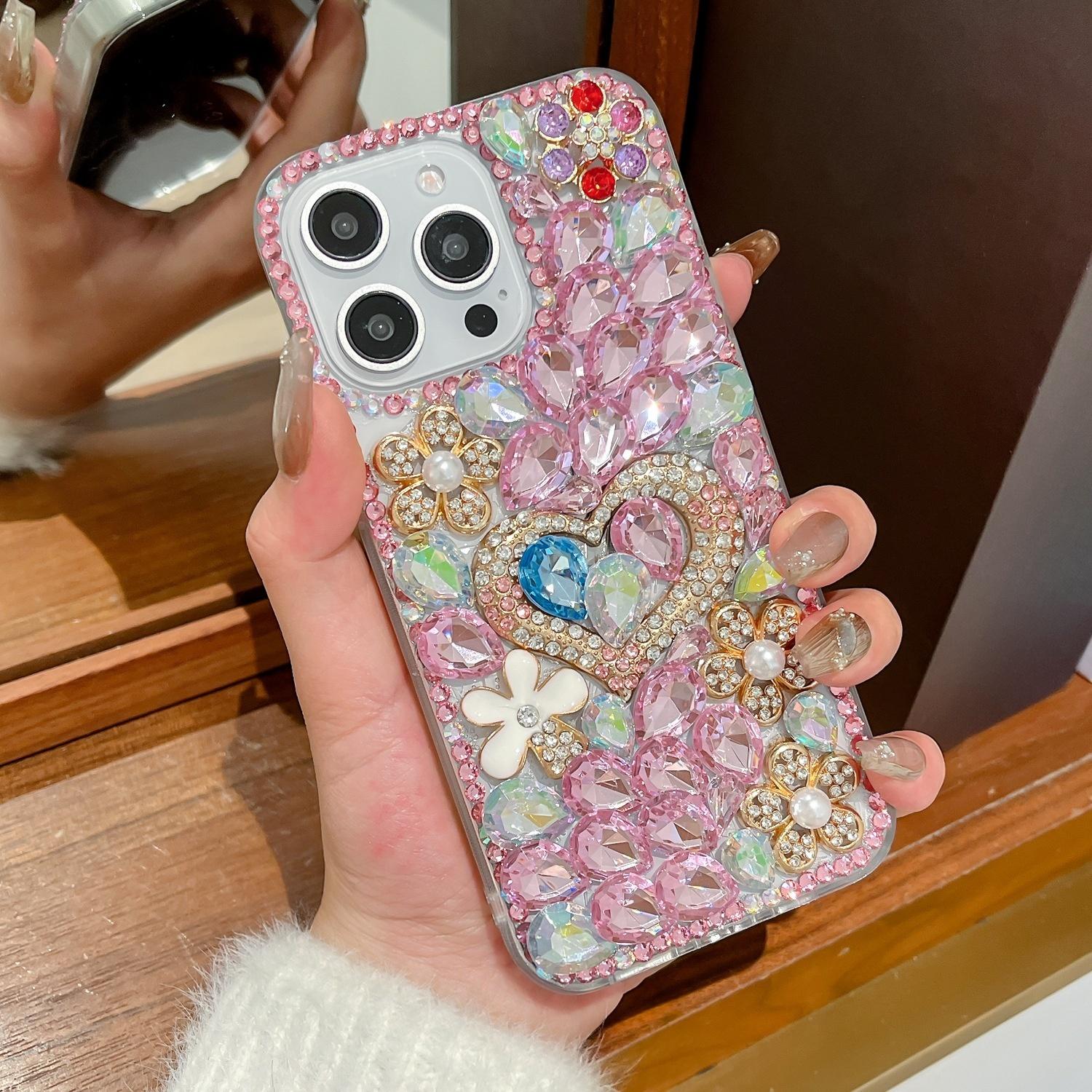 

Luxury 3D Bling Glitter Crystal Rhinestone Heart Floral Phone Case For Motorola Moto G75 G15 G24 Power G05 G85 G84 G55 G54 G35 G34 G45 G14 G04S 5G Motorola Moto G24 розовый