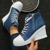 Fashion Women's Platform Wedge Heel High Top Sneakers Blue Denim Casual Canvas Shoes Woman Fashion Thick Sole Lace Up Vulcanized Shoes