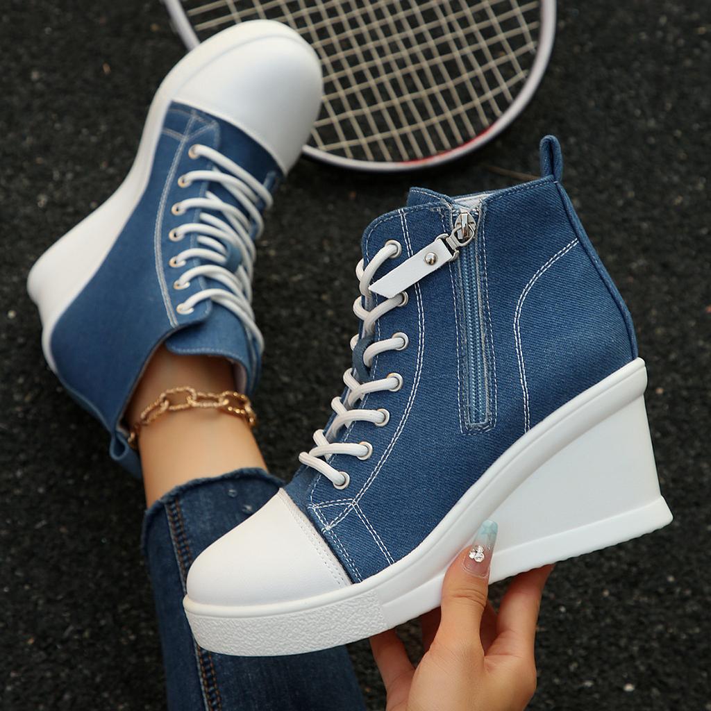 Fashion Women's Platform Wedge Heel High Top Sneakers Blue Denim Casual Canvas Shoes Woman Fashion Thick Sole Lace Up Vulcanized Shoes