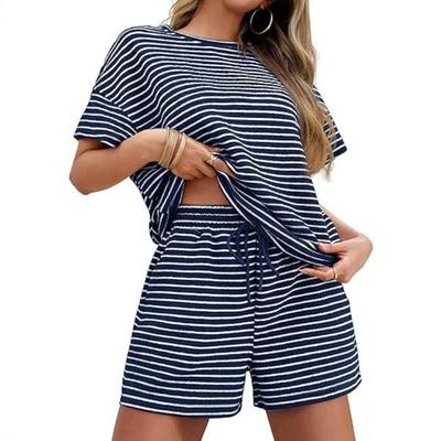 Damen gestreiftes zweiteiliges Outfit, kurzärmeliges Oberteil und Shorts Set, Mode lässige Oberbekleidung Sommer passendes Anzug