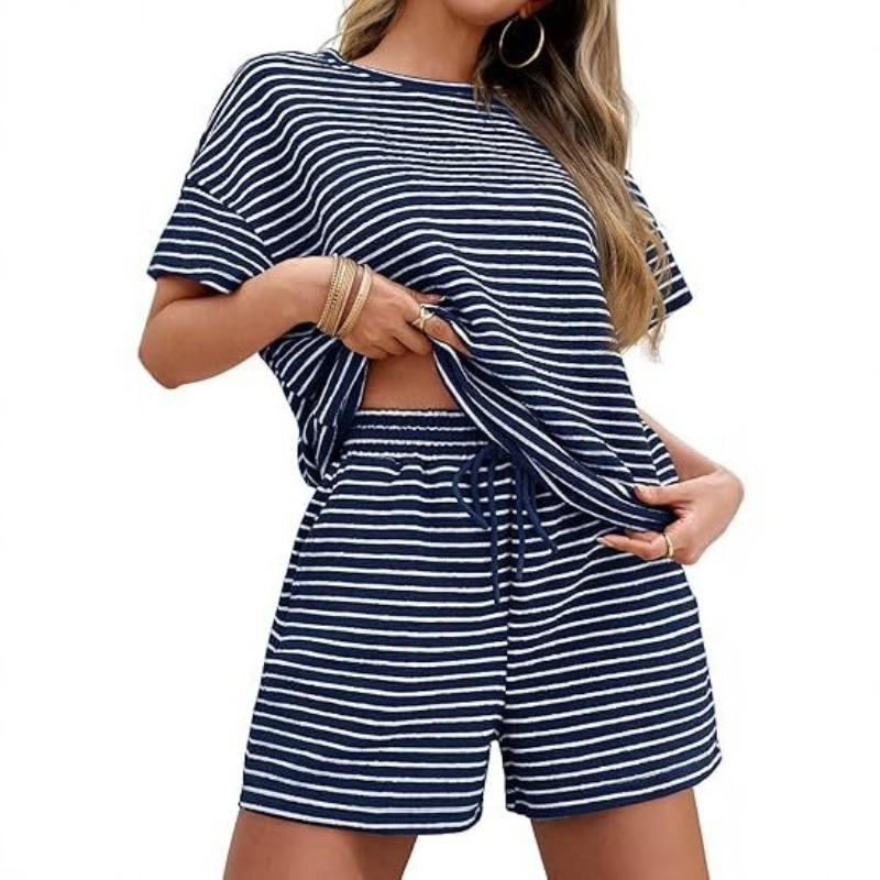 Women Striped Two Piece Outfit, Short Sleeve Top and Shorts Set, Fashion Casual Outerwear Summer Matching Suit