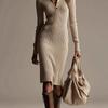 Women's Turn Down Collar Long Sleeve Midi Dress High Waist Casual Ribbed Knit Sweater Dress