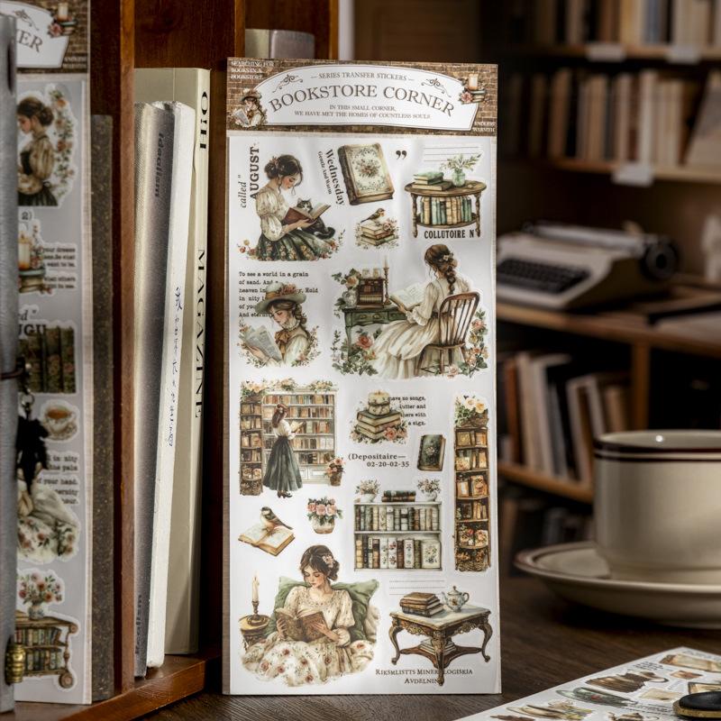 Bookstore Corner Transfer Stickers Vintage Style for Journaling Planner Decoden Scrapbooking Craft Supplies High Aesthetic