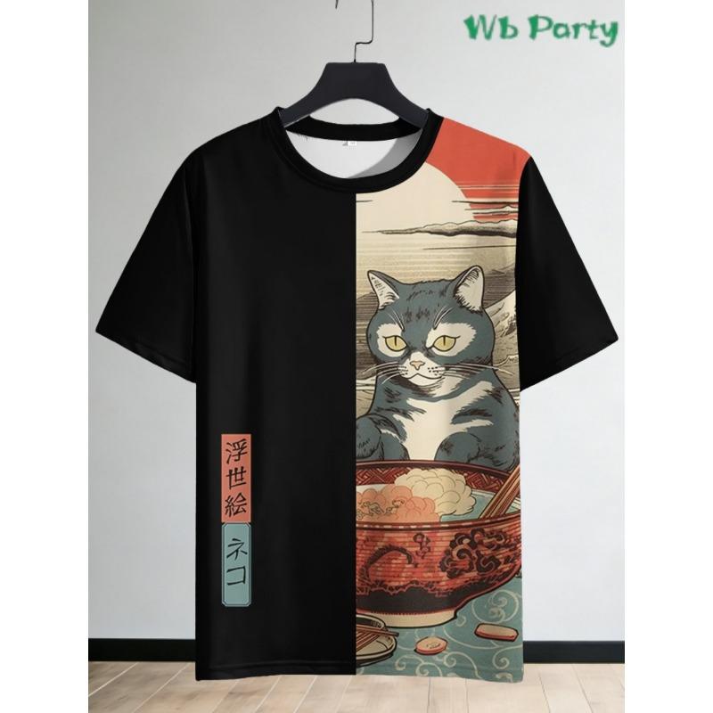 Japanese Samurai Cat 3D Printed T-Shirts for Men Short Sleeve Tee Casual Loose Harajuku Men's Clothing Oversized T-Shirt Tops