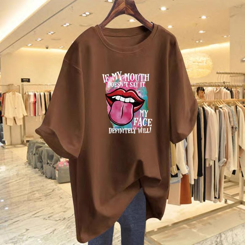 

Cotton white printed t-shirt short-sleeved women s summer new loose fashion top bottoming shirt XXXL