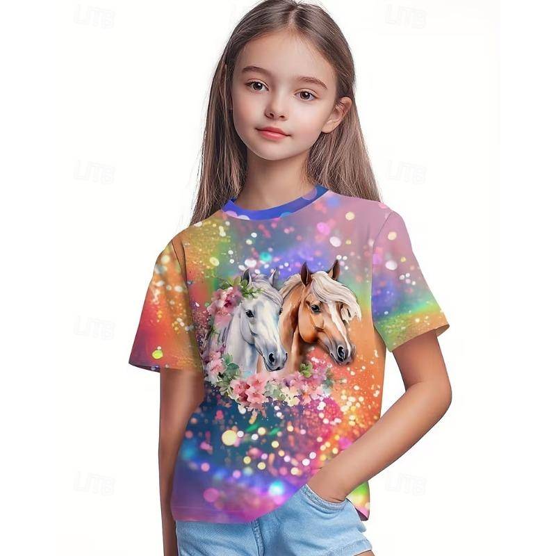 

Unisex Girls 3D Graphic Horse T shirt Tee Short Sleeve 3D Print Summer Spring Sports Fashion Streetwear Kids 4-12 Years 110cm