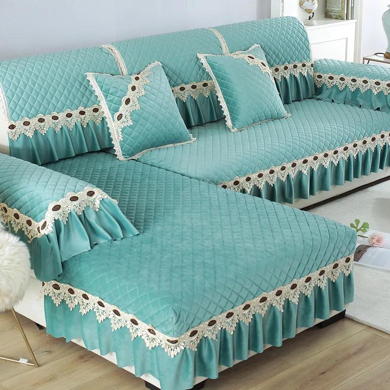 Plyšový potah na pohovku Evropský styl Moderní Protiskluzový Přehoz Potah na pohovku do obývacího pokoje Krajková dekorace Polštář na pohovku ve tvaru L