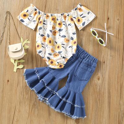 Infant Baby Girls 2 Pieces Outfits, Floral Print Boat-Neck Off-Shoulder Short Sleeve Rompers + Flare Pants Set