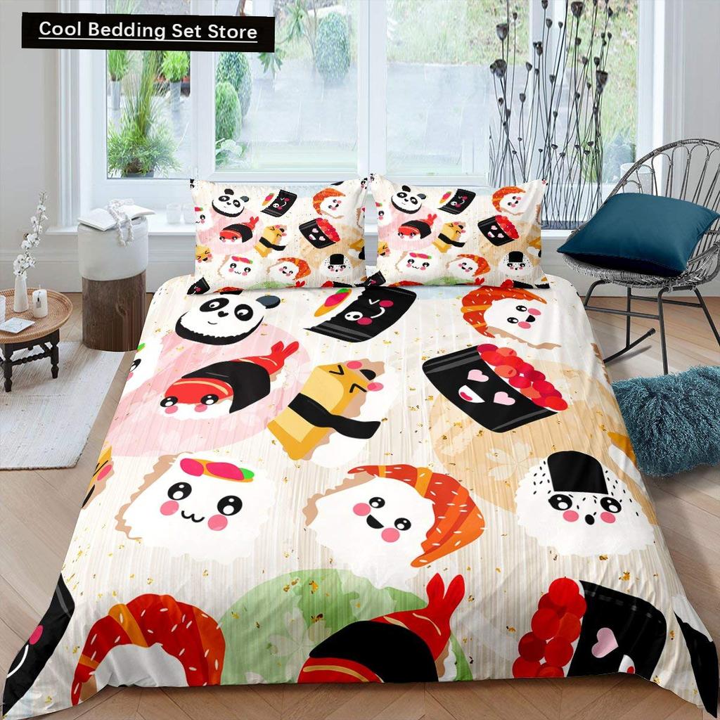 Japan Sushi Königin König Bettbezug Meeresleben Bettwäscheset Cartoon Japanisches Essen Bettdeckenbezug Bunt Polyester Bettdeckenbezug