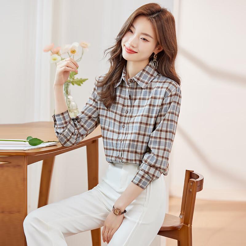 Women s Contrast Plaid Long Sleeve Lapel Shirt 2XL