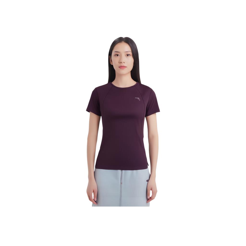 Anta Comfortable Simple Versatile Solid Color Round Neck Breathable Sports Short Sleeve T-Shirt Women Tops Midnight-Plum 162535105-4