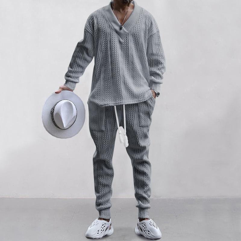 European and American Men's Long Pants, V-neck Versatile Jacquard Knit Shirt, Solid Color Loose Fitting Set