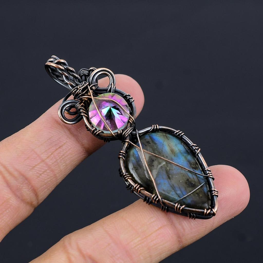 Labradorite & Mystic Topaz Pendant, Handmade Gemstone 999 Copper Wire Wrapped Pendant Antique Jewelry, For Gift Silver Jewelry