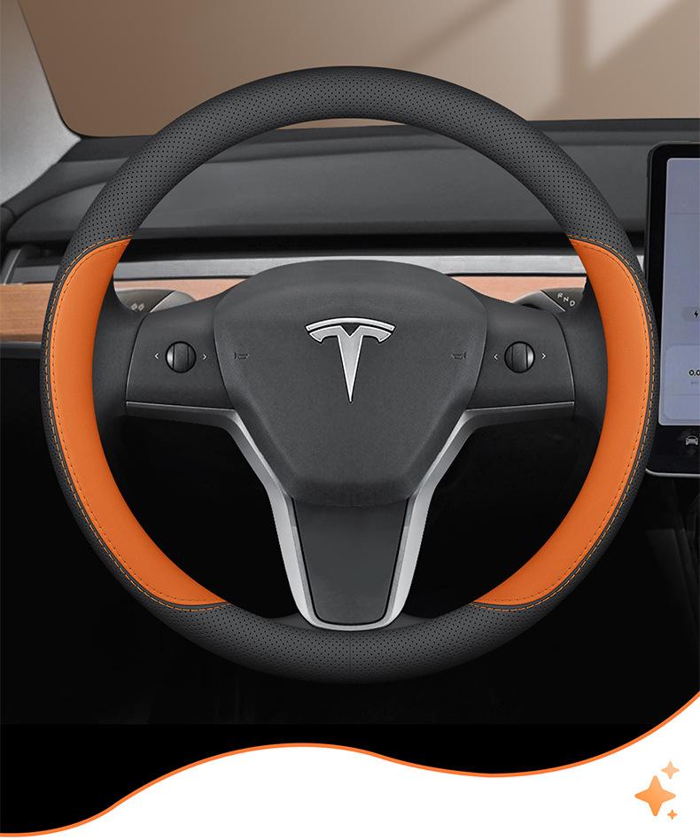 Tesla Model 3 & Y Steering Wheel Cover: Ultra-thin, Non-slip Genuine Leather, All-Season Use.