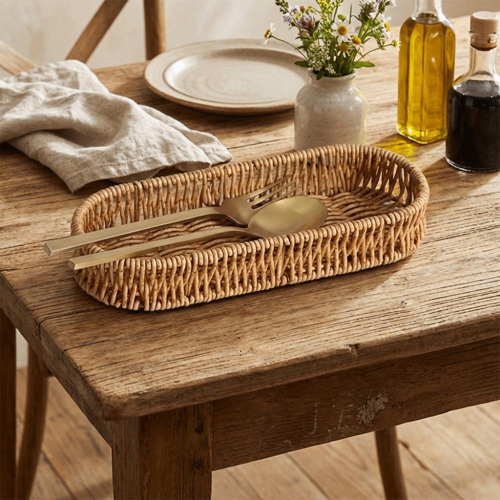 Oval Shape Tableware Storage Basket Retro Plastic Faux Wicker Tray Decorative Minimalist Desk Shelf Baskets Dining Room