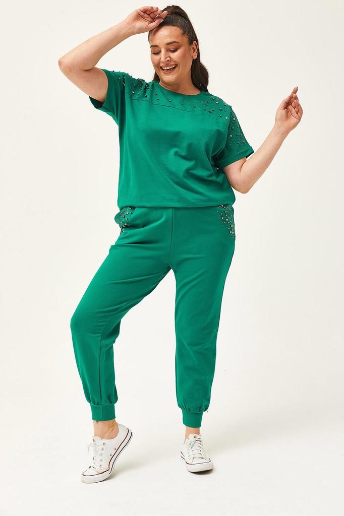 Set de trening de marime mari la moda pentru dama Set de trening de vara verde cu maneca scurta, detaliat cu piatra si margele