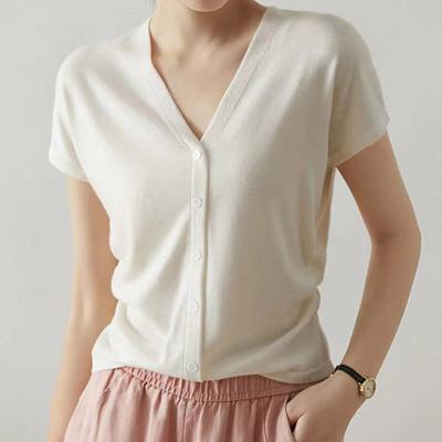 Women Sweaters Pullovers 2025 Summer Short Sleeve V-Neck Black White Knitted Sweater Women Tops Pullover JJ199