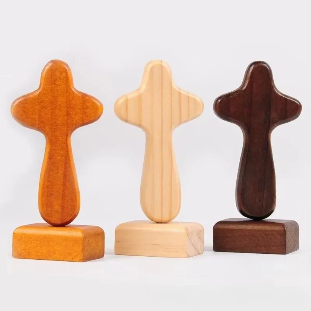 Magnetic Base Wood Cross Statue Handicraft Vintage Cross Ornament Standing Portable Crucifix Sculpture Home Decor