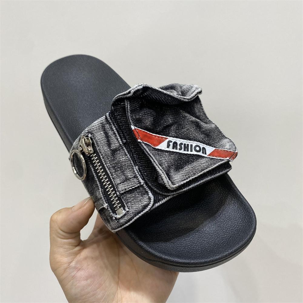 Fashion 2025 Summer New Pocket Denim Flat Slippers Comfortable Casual Size 47 48 Thick Soled Men's Women's Multi-color Outdoor Sandals
