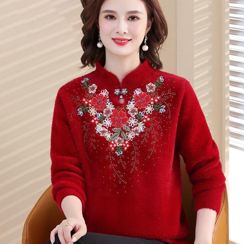 

Осень-зима искусственная норка бархатный пуловер свитер женская вышитая нижняя рубашка женский джемпер вязаный свитер топы S красный