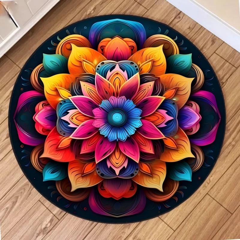 Bohemian Mandala Round Rug Non Slip Vintage Geometric Floral Circle Carpet for Living Room Bedroom Home Decor Floor Mat