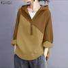 ZANZEA Damen Lässig V-Ausschnitt Locker Langarm Patchwork Kapuzenpullover Bluse