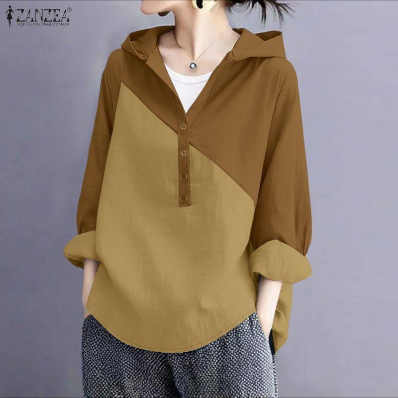 ZANZEA Damen Lässig V-Ausschnitt Locker Langarm Patchwork Kapuzenpullover Bluse