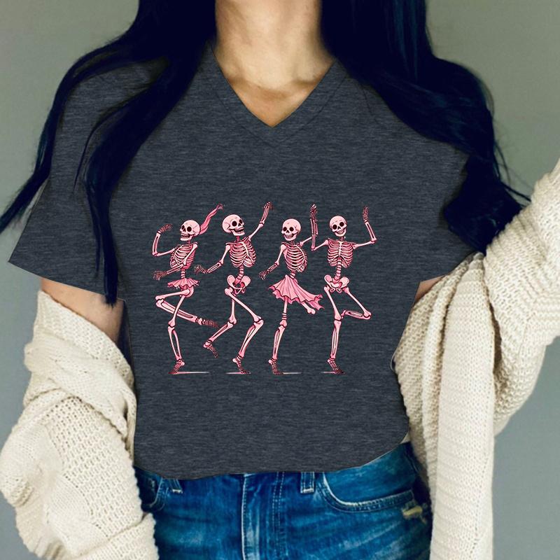 Dancing Skeletons Halloween Women Tshirts Round Neck Pink Skeleton Print Funny Women Clothing Cute Skeletons Halloween TShirt