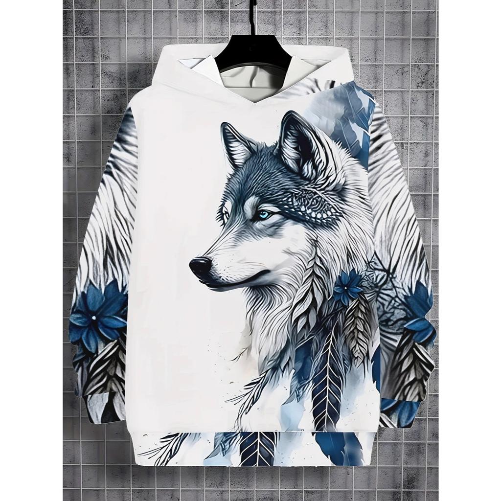 Boy's Wolf Totem 3D Printed White Hoodie, Blue and White Ink Style Fashionable Boy's Hoodie