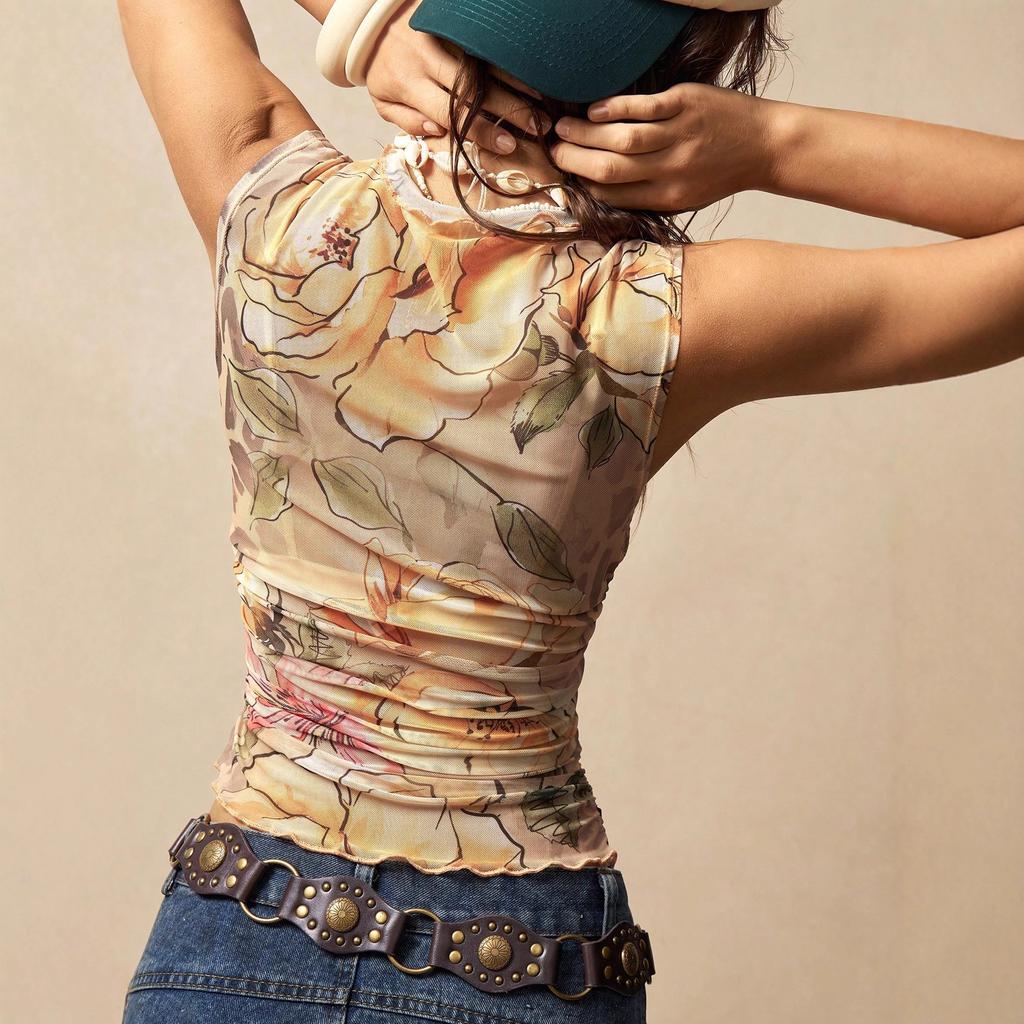 New Autumn and Winter Sleeveless High-neck Fashion Vest Floral Slimming Top