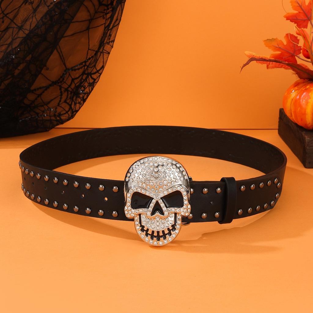 Fashion Rivet Studded Belt for Pants Jeans Rhinestone Studded Skull Buckle Belt Women Men Wasitband Formal Casual Belts