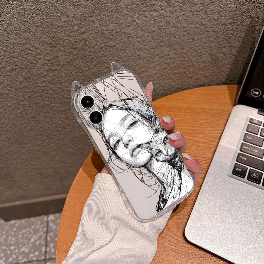 Transparent Cat Ears Phone Case with Drawing Girl Cartoon for Apple 15/15 Pro Max & 11/12 - New & Trending