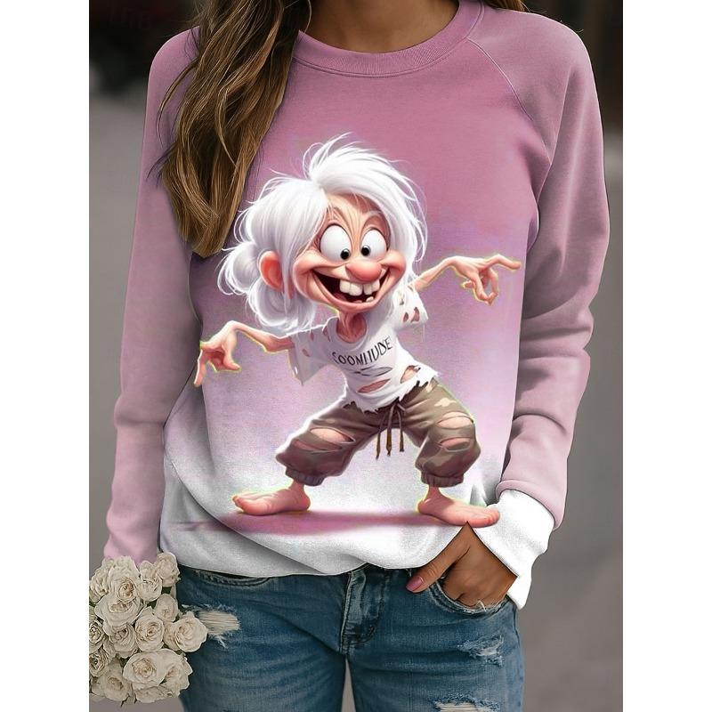 Fall Winter Pullover Women's Funny Old Women Sweatshirt Trendy 3D Print O-Neck Long Sleeve Tops Women's Apparel Y2K Streetwear