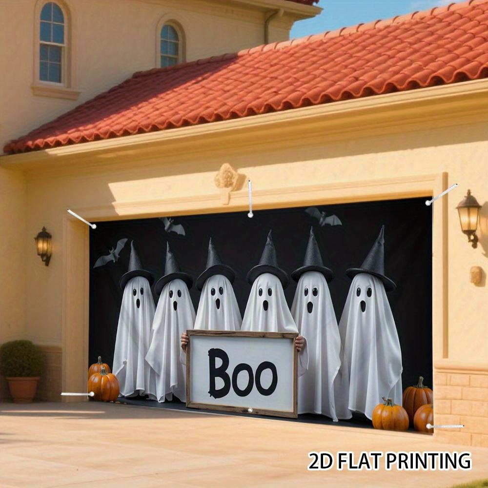 2D Door Banner, 1pc Halloween Garage Banner - Ghost and Bat Design, 2D Flat Printing, Polyester Material