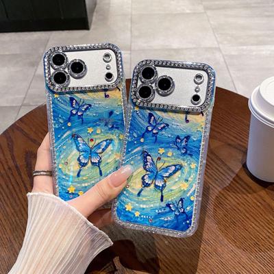 Husă iPhone Fluture Stelar: Stras Albastru Lumina, Acoperire Completă pentru iPhone 12-17 Pro Max, Stil Femeiesc