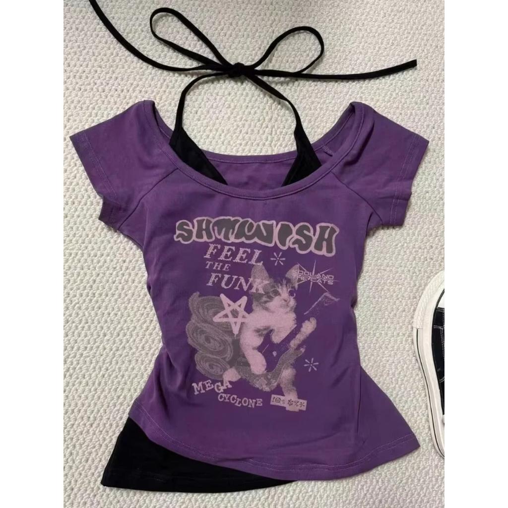 TrendHub Sommer Y2k Vintage Grafik T-Shirts Damen Grunge Streetwear Hot Girl Slim Fit T-Shirt Harajuku Mode Lässige Süße Oberteile Schick