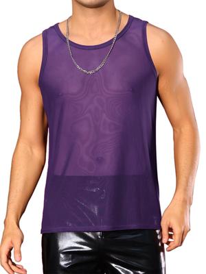 Lars Amadeus Mesh Sheer Tank Sleeveless Crew Party Size S Men's Top, See-Through T-Shirt, Neck, Vest, Purple,