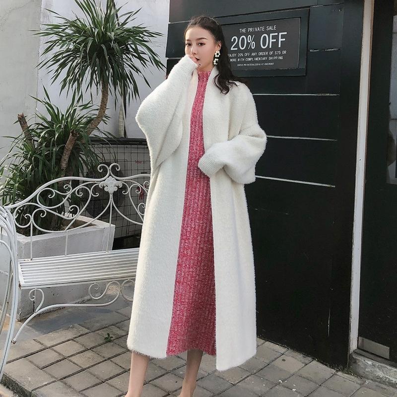 Imitation mink fleece sweater knitted sweater jacket women's autumn and winter thickened medium and long loose lazy wind over the knee cardigan top