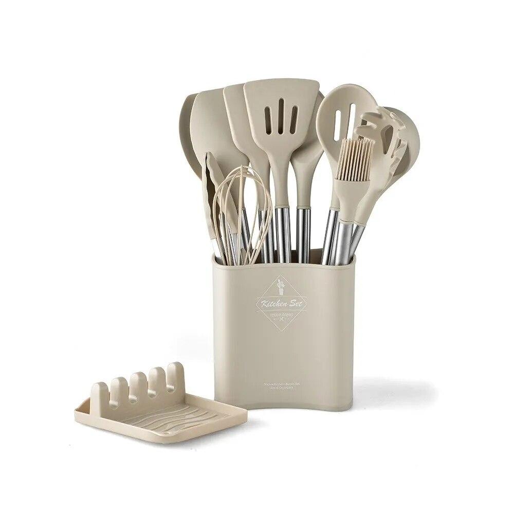 

13 PCS Silicone Kitchen Utensil Set Stainless Steel Handle Kitchen Cooking Baking Tools Kitchenware Accessories Storage Bucket