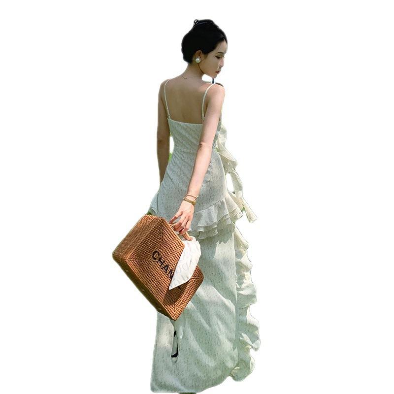 Smart Romantic Vacation Fairy Long Dress Three-dimensional Cut Irregular Layering Ruffle Edge Sexy Suspender Dress
