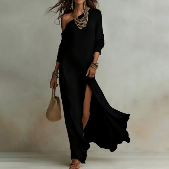 Damen One-Shoulder Maxikleid mit hohem Schlitz Langarm Locker Fließend Strand Sommerkleid Lässig Reise Urlaub Gestricktes Langes Kleid