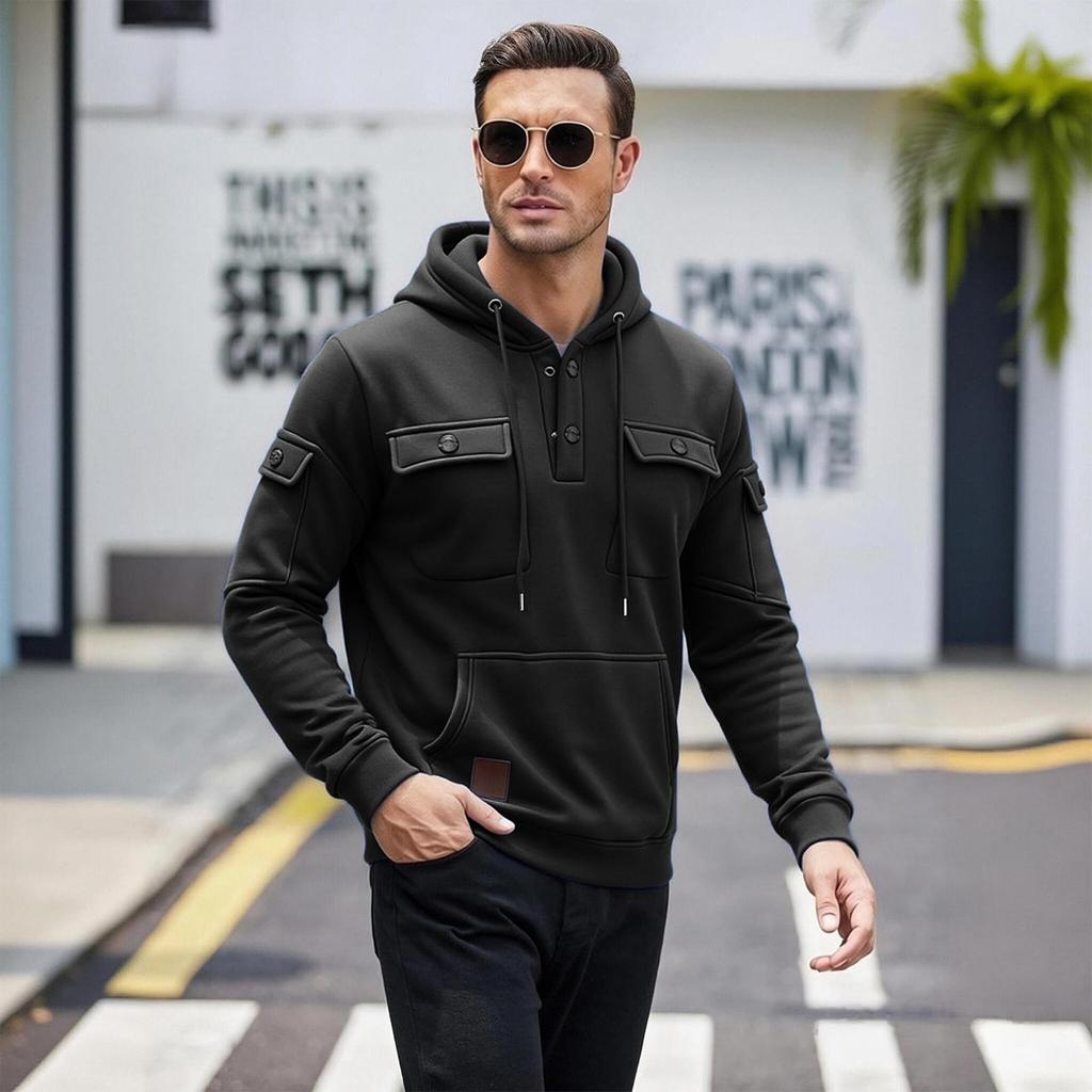 Men's Outdoor Hooded Sweatshirt with Multi Pockets, Long Sleeve Warm Casual Pullover