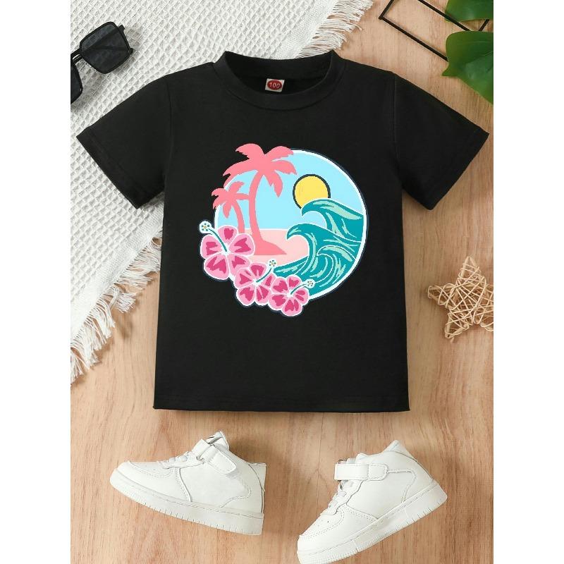 European Size Girls Round-neck Short-sleeved T-shirt with Hawaiian Beach Pattern Print