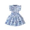 Girls' Fashionable Blue Outfit - Summer Children's Sweet Floral Top and Skirt Set