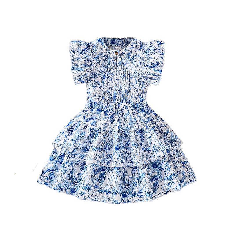Girls' Fashionable Blue Outfit - Summer Children's Sweet Floral Top and Skirt Set