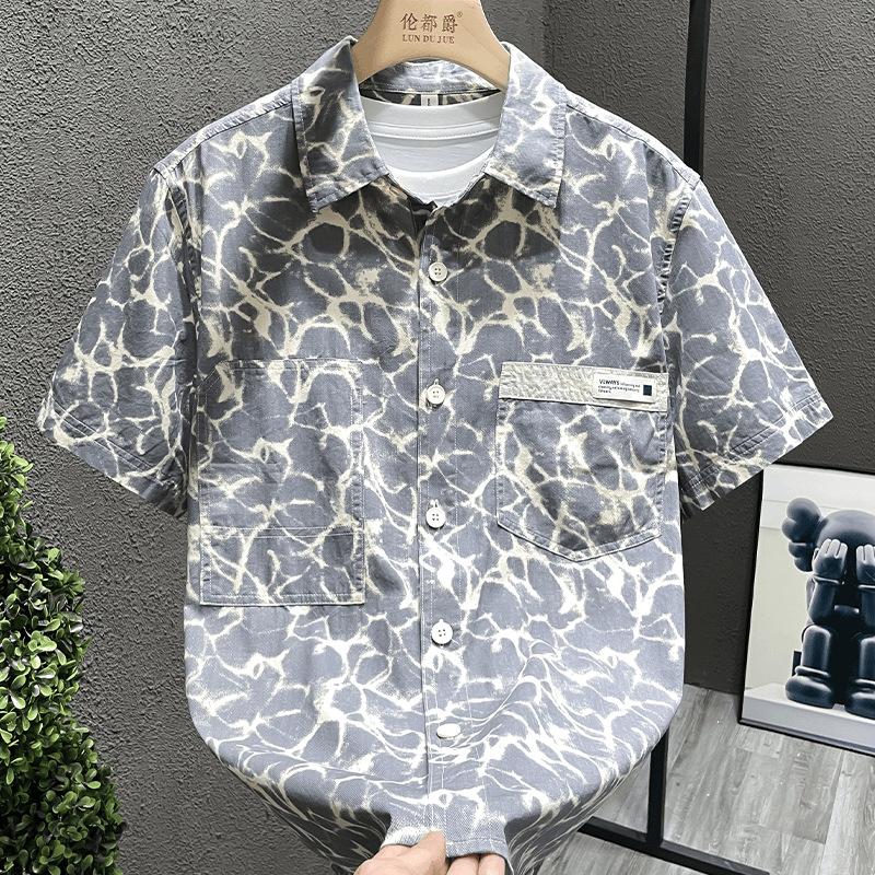 Men Water Ripple Print Shirt Short Sleeve Button Down Chest Pocket Casual Streetwear Shirt for Men