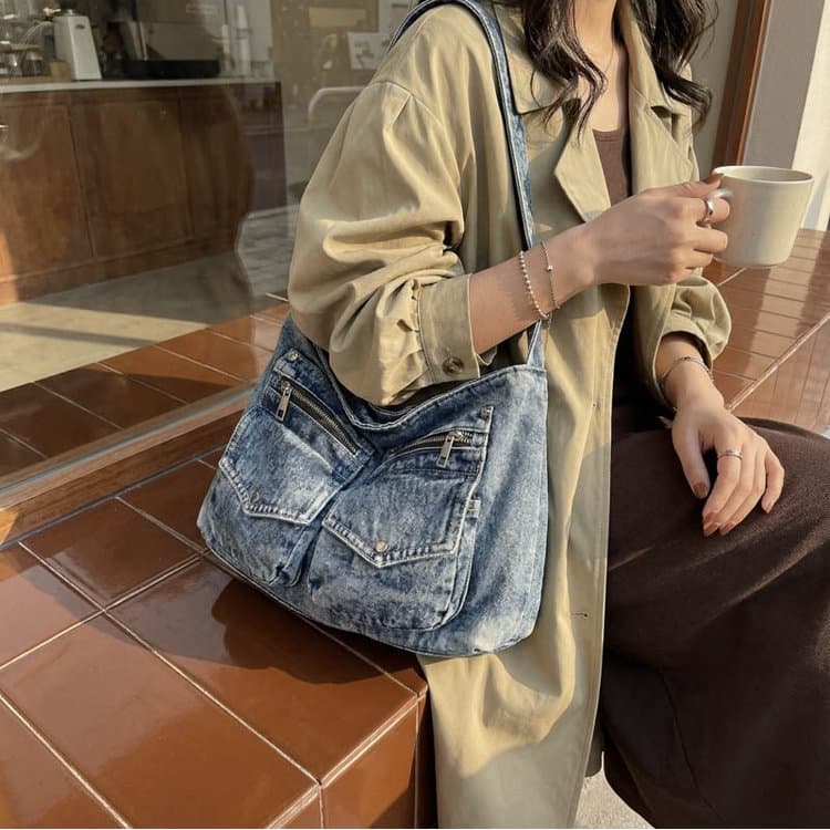 Vintage multi-pocket denim tote bag women's shoulder bag